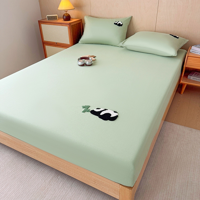 91家纺网 家纺一手货源 找家纺 澳梵家居 2025新款A类全棉毛巾绣床笠 熊猫-绿