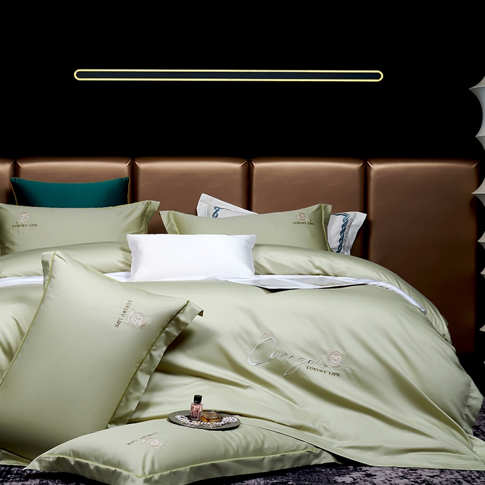 91家纺网 家纺一手货源 找家纺 U品汇 2025新款60s支贡缎长绒棉刺绣花四件套纯棉全棉100%棉礼盒包装 简凡-抹茶绿