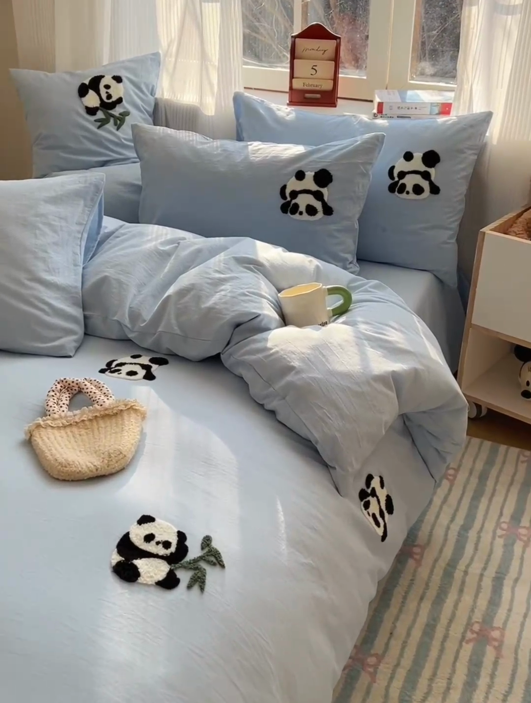 91家纺网 家纺一手货源 找家纺 慕尚家纺 2025新款春夏新款色织水洗棉毛巾绣四件套 熊猫 蓝