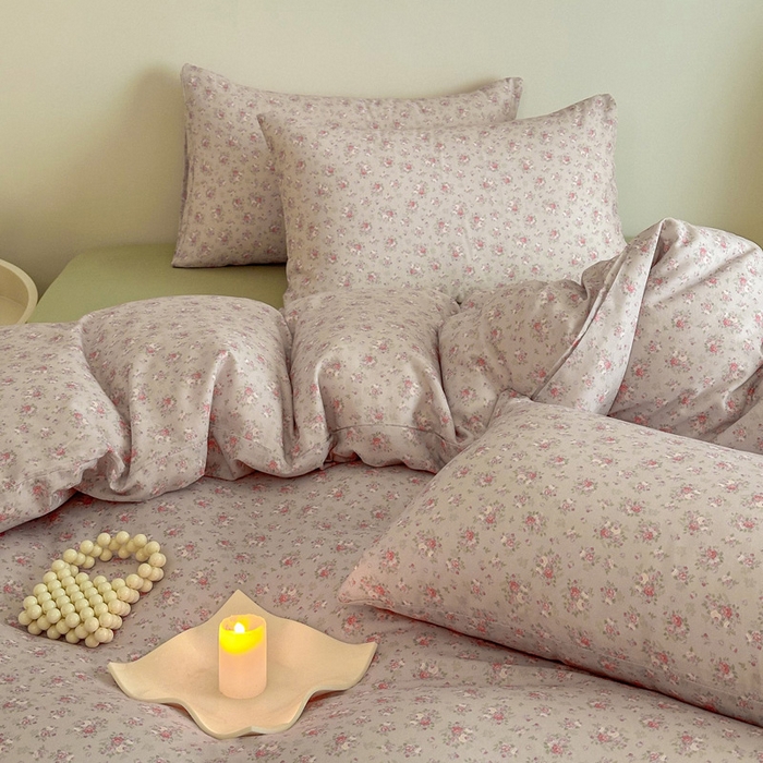 91家纺网 家纺一手货源 找家纺 塞纳 2026新款.全棉有氧双层纱四件套-场景一 醉花颜-浅咖