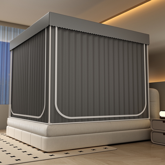 91家纺网 家纺一手货源 找家纺 无瑕家居 2025新款遮光床幔防蚊三开门免安装宿舍蚊帐家用卧室儿童安装支架防摔坐床拉链蚊帐 摩卡灰【两片围三面】