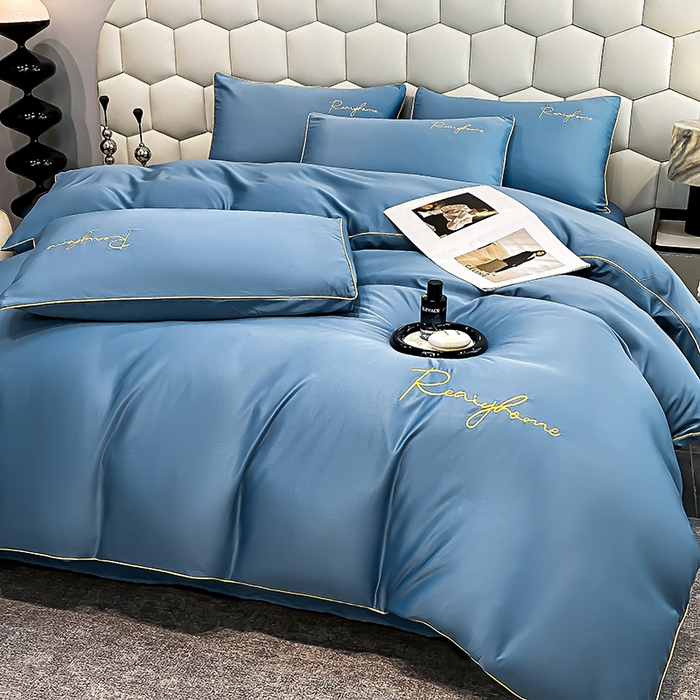 91家纺网 家纺一手货源 找家纺 富宁2025新款水洗真丝时光字母冰丝刺绣四件套 宾利蓝