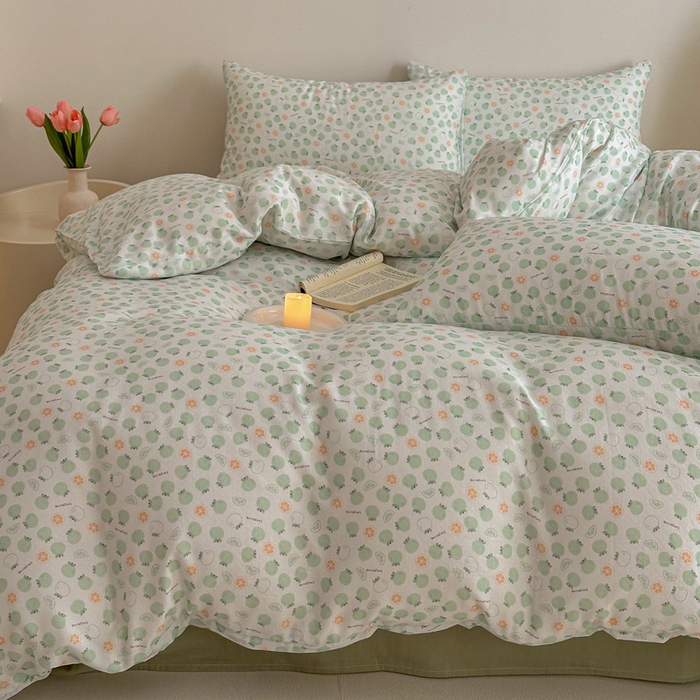 91家纺网 家纺一手货源 找家纺 塞纳 2026新款.全棉有氧双层纱四件套-场景一 大橘大利-绿