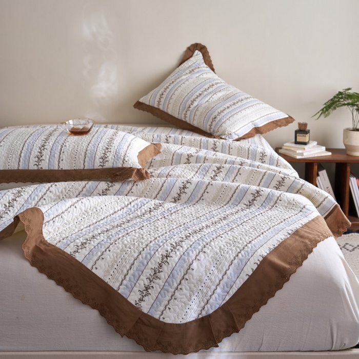 91家纺网 家纺一手货源 找家纺 漫仙阁家纺 2025新款热卖法式花边款加厚床盖床盖三件套 白兰地