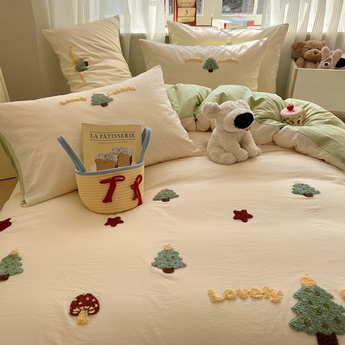 91家纺网 家纺一手货源 找家纺 慕尚家纺 2025新款春夏新款色织水洗棉毛巾绣四件套 圣诞树 绿