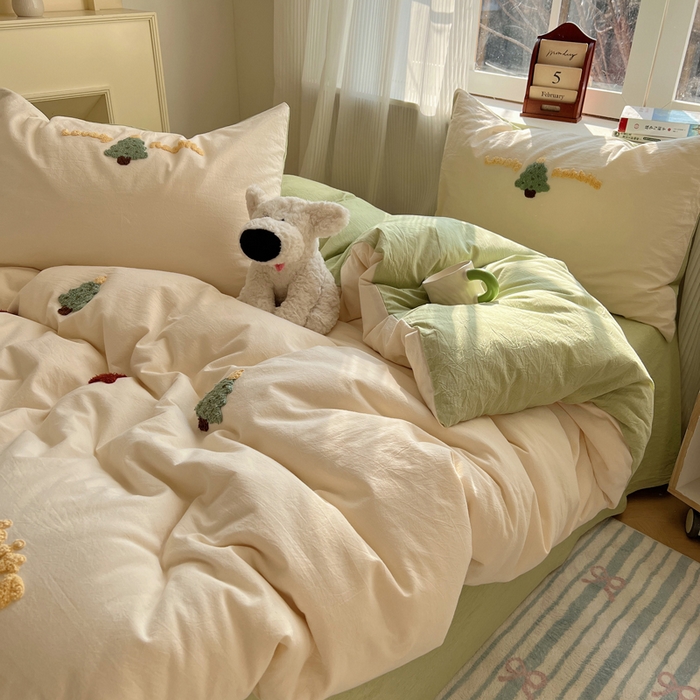 91家纺网 家纺一手货源 找家纺 慕尚家纺 2025新款春夏新款色织水洗棉毛巾绣四件套 圣诞树 绿