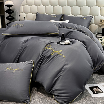 富宁2025新款水洗真丝时光字母冰丝刺绣四件套 高级灰