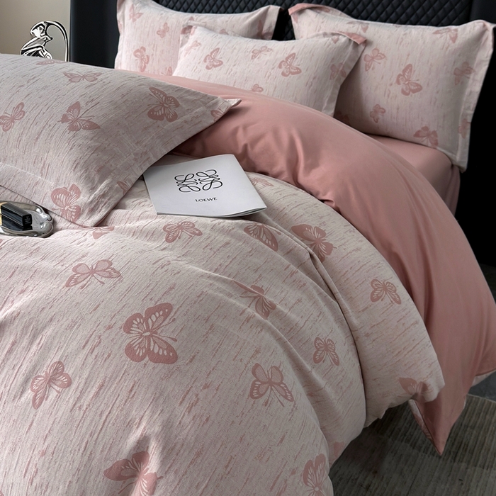 91家纺网 家纺一手货源 找家纺 朵希曼 2025新款轻奢全棉提花系列四件套 蝶恋-粉