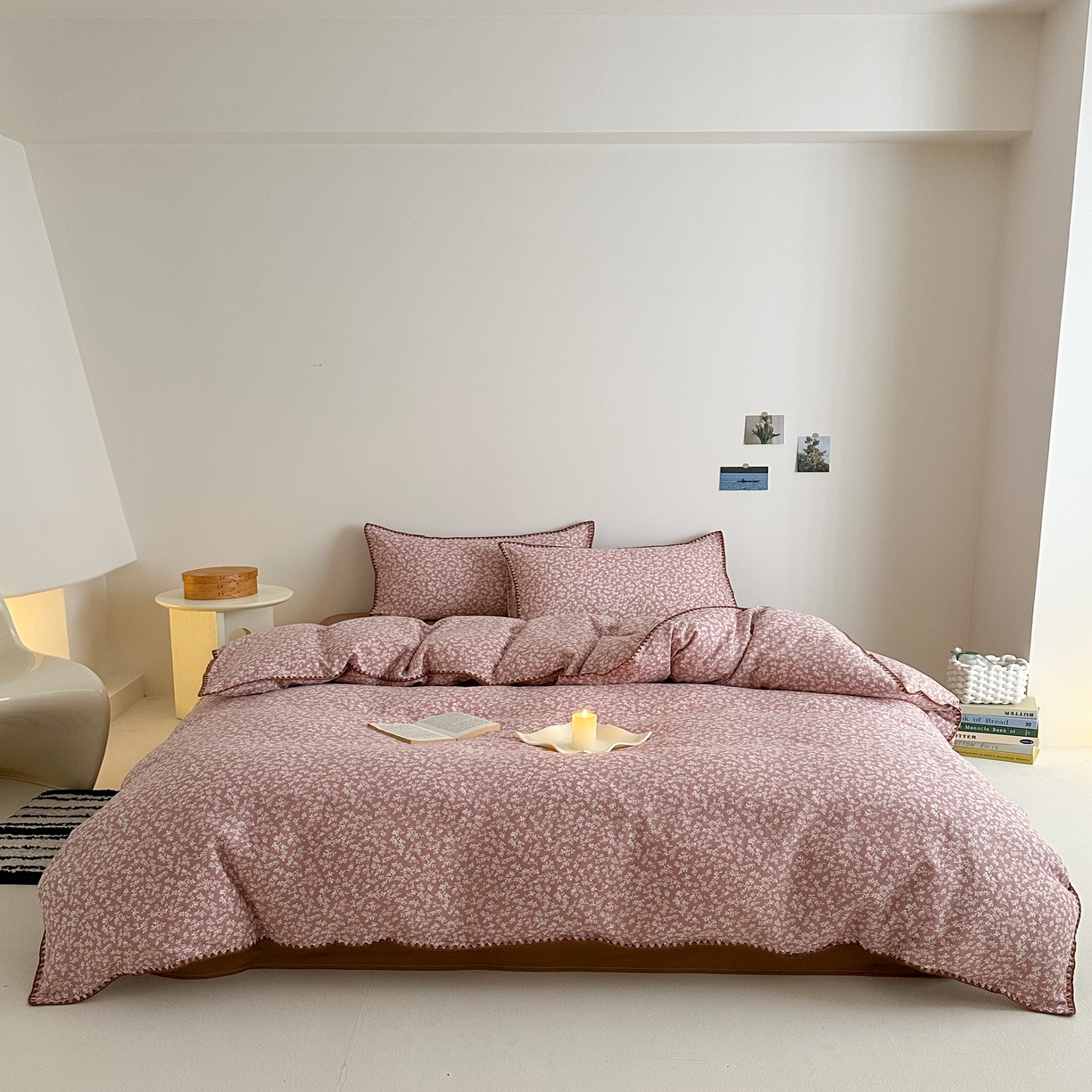 91家纺网 家纺一手货源 找家纺 2025新款工艺款全棉双层纱小清新贝壳边四件套 浅枝