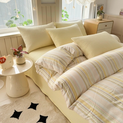 梦精灵家纺 2025新款全棉纯棉色织水洗棉床盖四件套加大尺寸单被套枕套 鹅黄