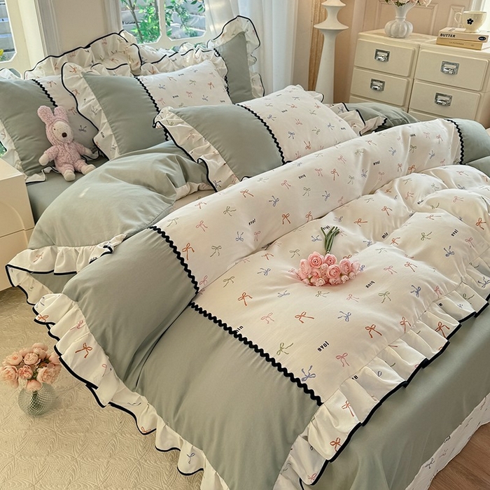 91家纺网 家纺一手货源 找家纺 大麦家纺 2025新款韩式花边亲肤棉四件套 蝴蝶结