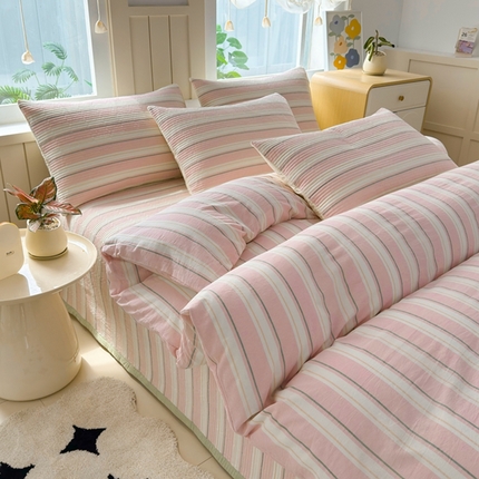 梦精灵家纺 2025新款全棉纯棉色织水洗棉床盖四件套加大尺寸单被套枕套 左岸-粉