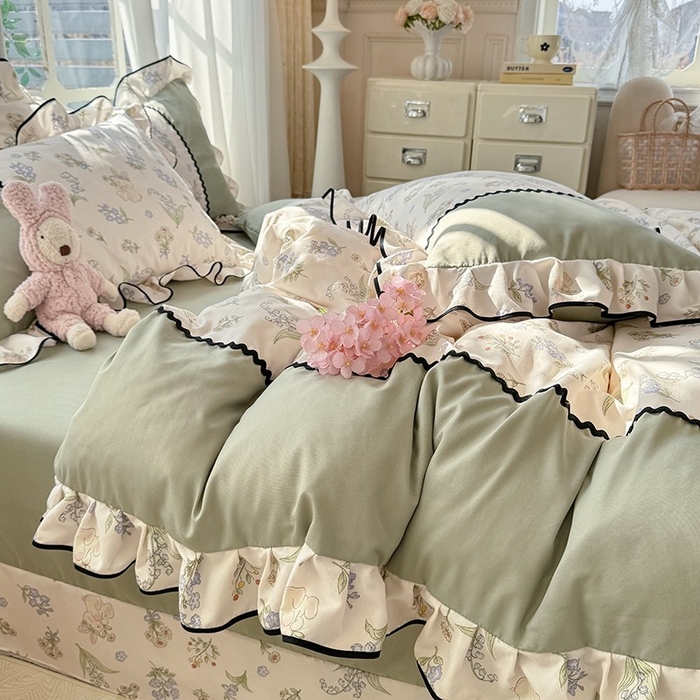 91家纺网 家纺一手货源 找家纺 大麦家纺 2025新款韩式花边亲肤棉四件套 风铃花