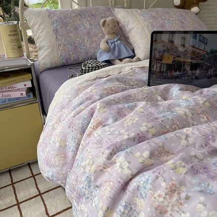 HL原创 2025法式花边油画风全棉双层纱四件套 薰衣草庄园