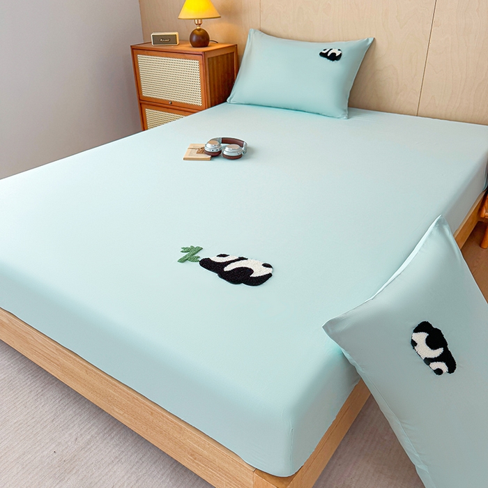 91家纺网 家纺一手货源 找家纺 澳梵家居 2025新款A类全棉毛巾绣床笠 熊猫-水蓝