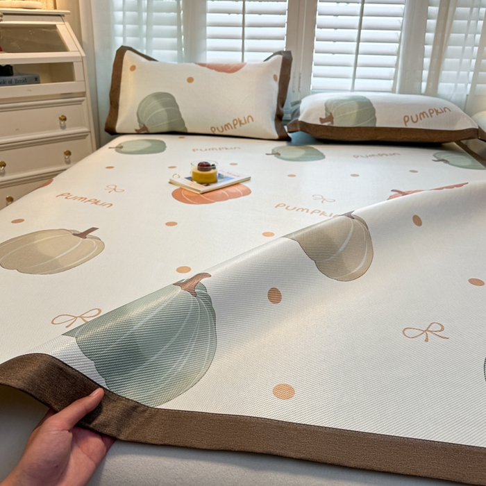 91家纺网 家纺一手货源 找家纺 席佬大 2025新款高克重卡通数码印花冰藤席床席床笠款 波点南瓜-平铺款