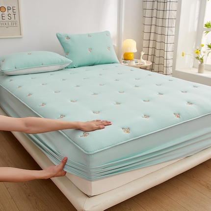 盛眠 2025新款水洗棉刺绣夹棉床笠床罩家用床垫套 蝴蝶 绿