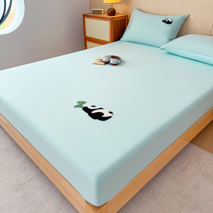 91家纺网 家纺一手货源 找家纺 澳梵家居 2025新款A类全棉毛巾绣床笠 熊猫-水蓝