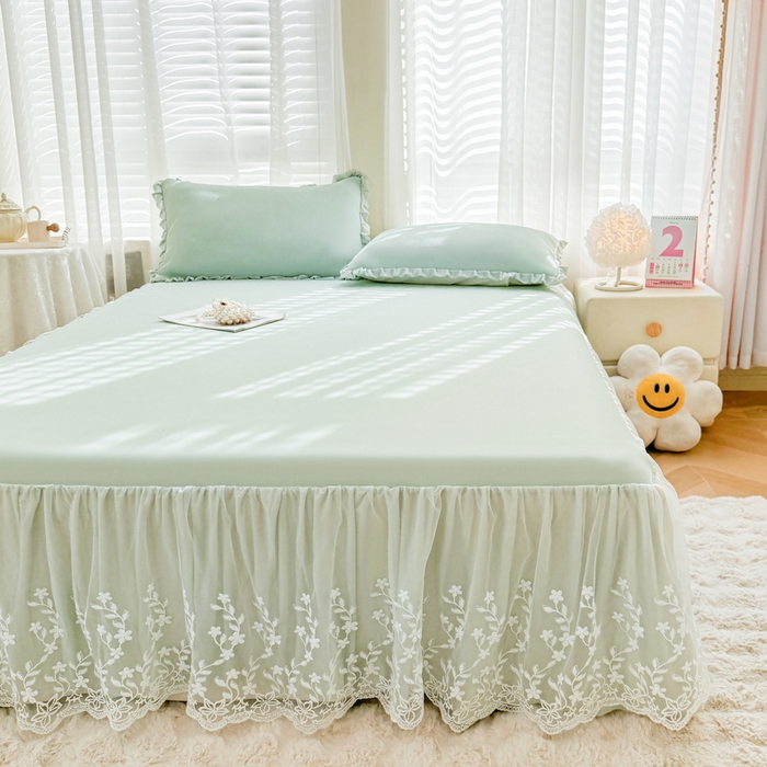 91家纺网 家纺一手货源 找家纺 LIFE.丽芙 2025春夏新款独家研发太空层凉感软席双层蕾丝边冰丝凉席床裙款 水绿