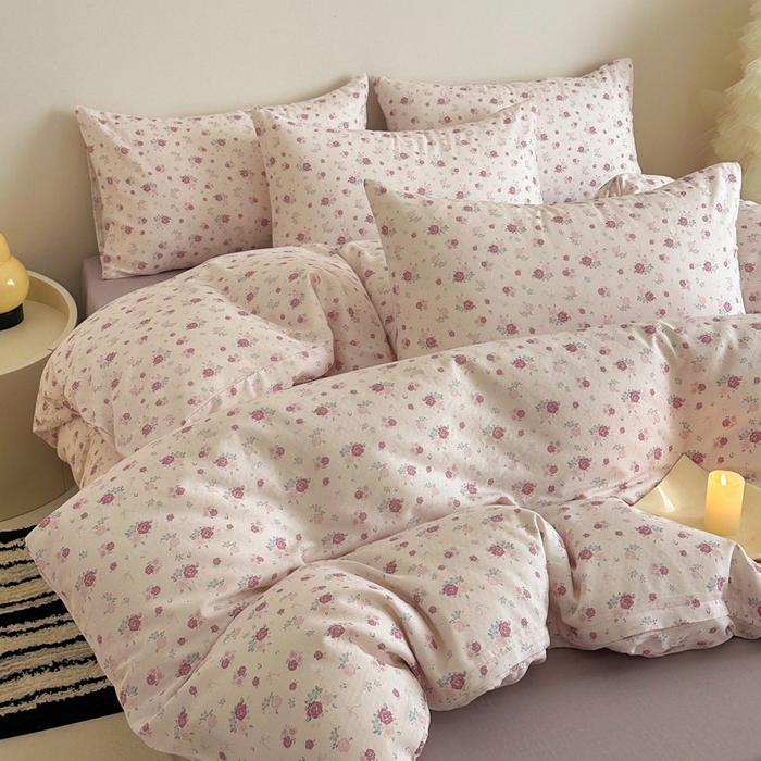 91家纺网 家纺一手货源 找家纺 塞纳 2026新款.全棉有氧双层纱四件套-场景一 艾莉花园-杏