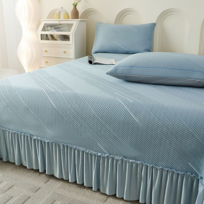 91家纺网 家纺一手货源 找家纺 2025新款亲肤流星雨冰丝席床裙 蓝色