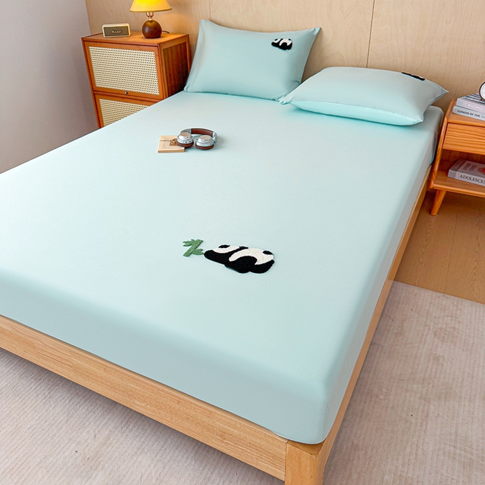 91家纺网 家纺一手货源 找家纺 澳梵家居 2025新款A类全棉毛巾绣床笠 熊猫-水蓝