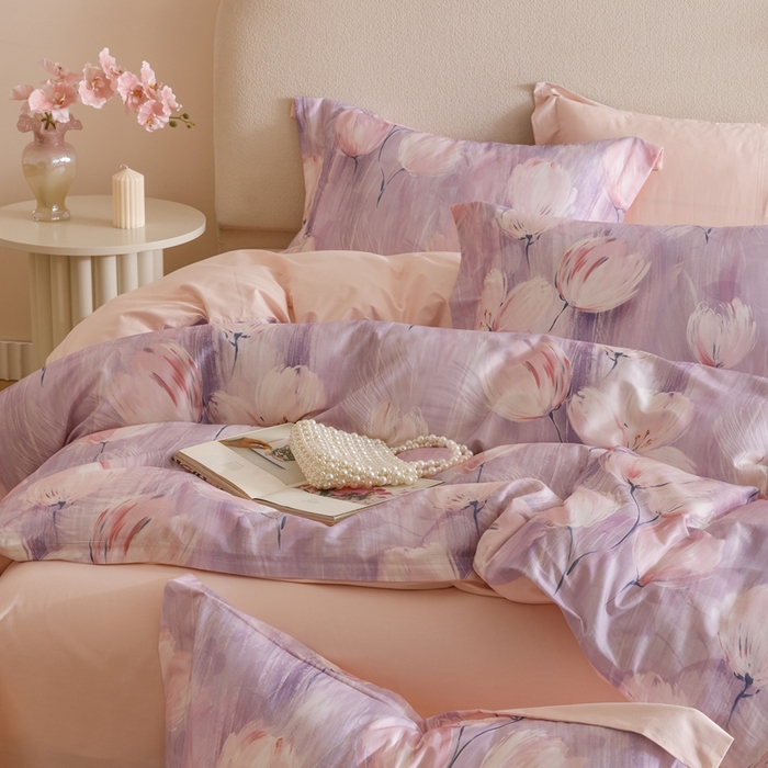 91家纺网 家纺一手货源 找家纺 2025新款全棉纯棉【如梦令】红金裸盖棉四件套【标准号全网控价（折后券后）不低于199元】 紫锦柔蔓