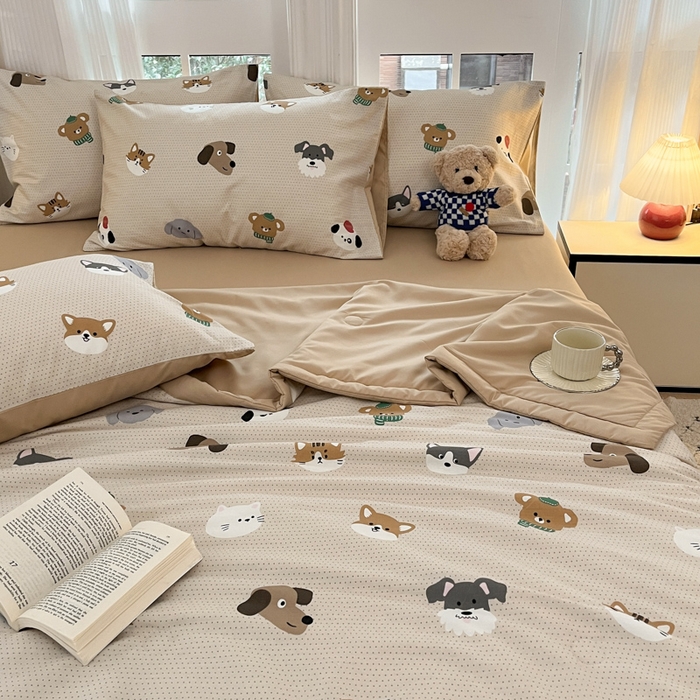 91家纺网 家纺一手货源 找家纺 一加一 2025新款A棉B水洗棉大豆夏被四件套 哈皮狗