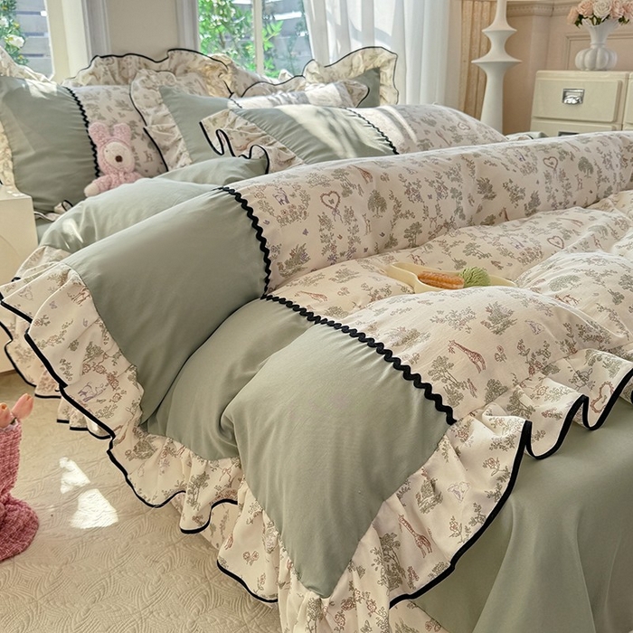 91家纺网 家纺一手货源 找家纺 大麦家纺 2025新款韩式花边亲肤棉四件套 花间小鹿