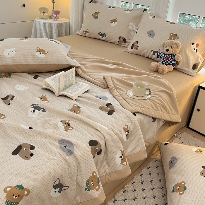 91家纺网 家纺一手货源 找家纺 一加一 2025新款A棉B水洗棉大豆夏被四件套 哈皮狗