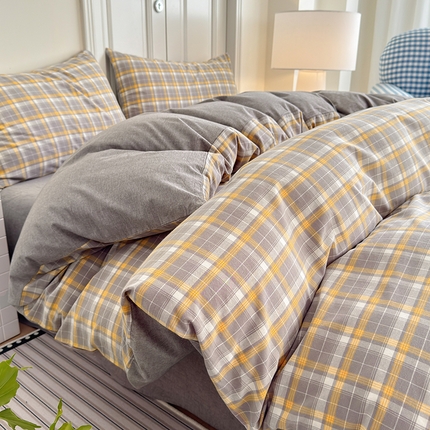 91家纺网 家纺一手货源 找家纺 玖弘家居 2025新款水洗棉格子系列四件套 映像格灰