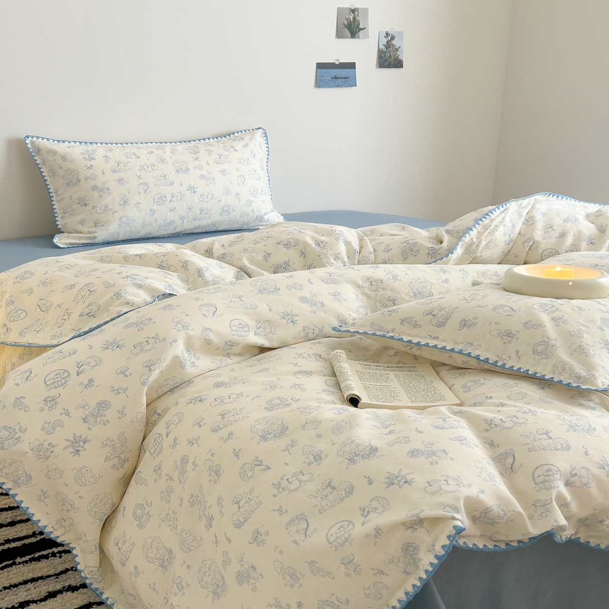 91家纺网 家纺一手货源 找家纺 2025新款工艺款全棉双层纱小清新贝壳边四件套 森林物语