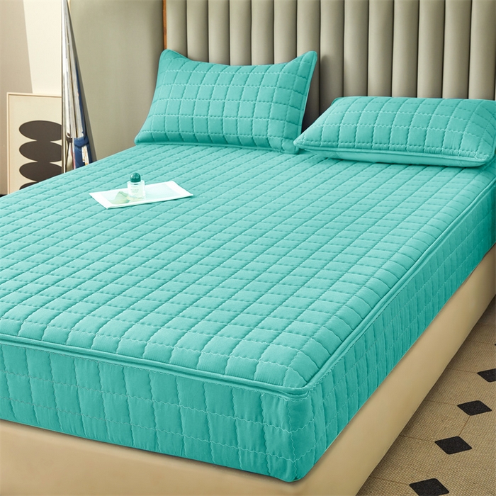 91家纺网 家纺一手货源 找家纺 欧邦 2025新款水洗原棉六面全包夹棉床笠 净水绿