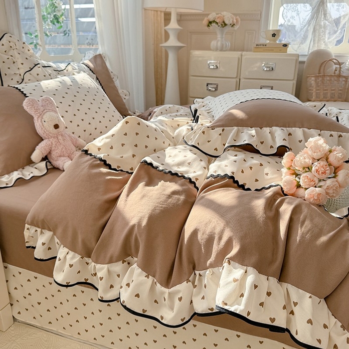 91家纺网 家纺一手货源 找家纺 大麦家纺 2025新款韩式花边亲肤棉四件套 爱心