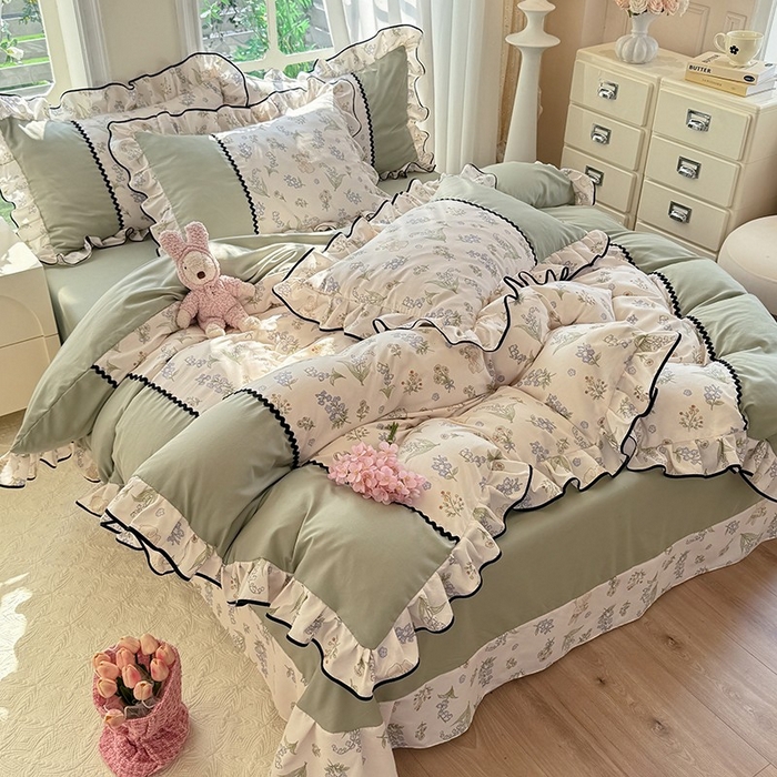 91家纺网 家纺一手货源 找家纺 大麦家纺 2025新款韩式花边亲肤棉四件套 风铃花