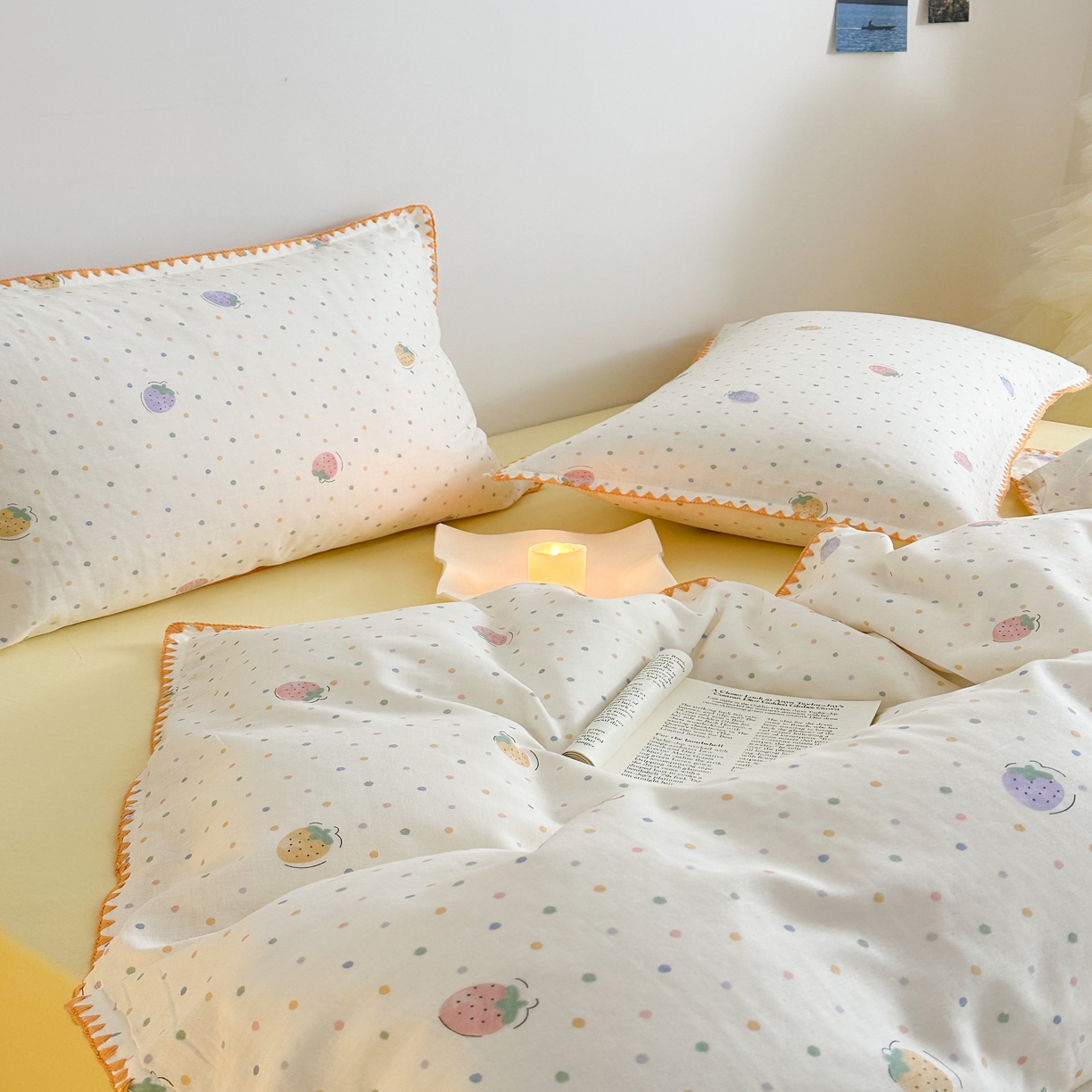 91家纺网 家纺一手货源 找家纺 2025新款工艺款全棉双层纱小清新贝壳边四件套 奶球