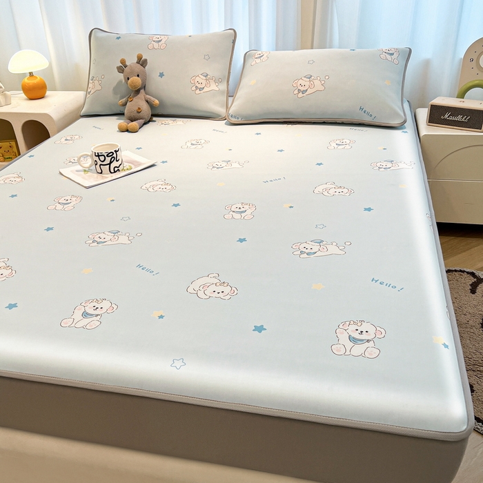 91家纺网 家纺一手货源 找家纺 2025春夏新款独家研发太空层凉感软席冰丝印花凉席床笠款 小奶狗