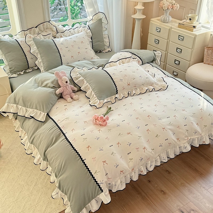 91家纺网 家纺一手货源 找家纺 大麦家纺 2025新款韩式花边亲肤棉四件套 蝴蝶结