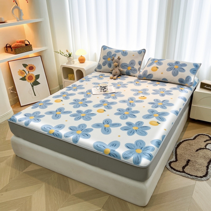 91家纺网 家纺一手货源 找家纺 2025春夏新款独家研发太空层凉感软席冰丝印花凉席床笠款 向阳花