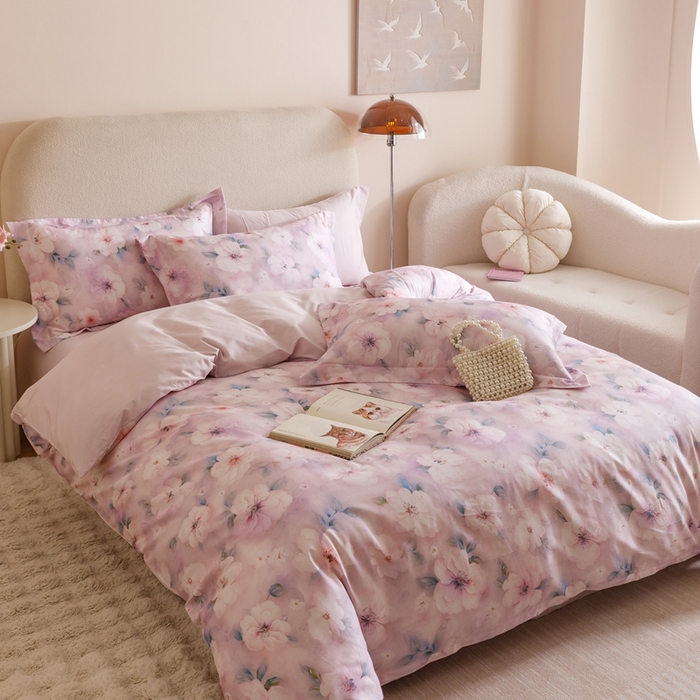 91家纺网 家纺一手货源 找家纺 2025新款全棉纯棉【如梦令】红金裸盖棉四件套【标准号全网控价（折后券后）不低于199元】 紫丁香