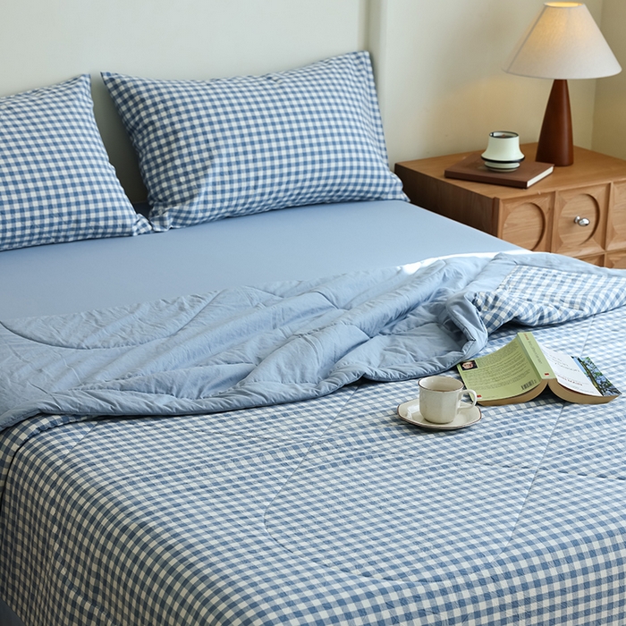 91家纺网 家纺一手货源 找家纺 雯雨家纺 2025新款A类无印风里外全棉纯棉水洗棉新疆棉花夏被夏凉被空调被 浅蓝小格