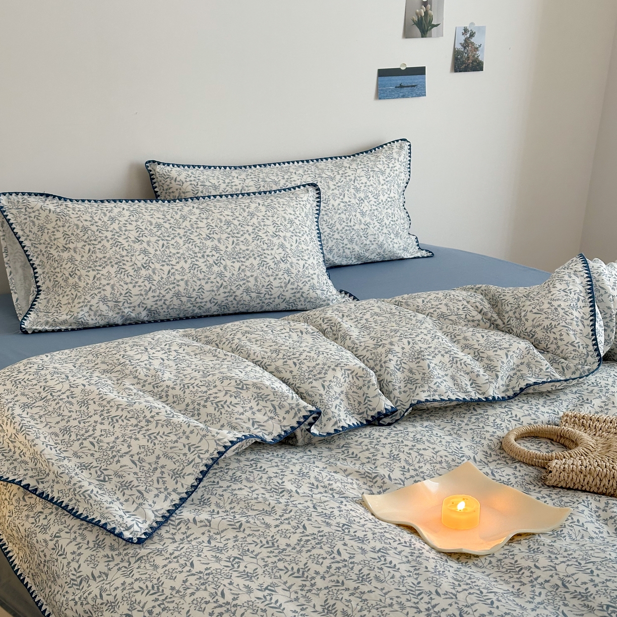 91家纺网 家纺一手货源 找家纺 2025新款工艺款全棉双层纱小清新贝壳边四件套 涟漪