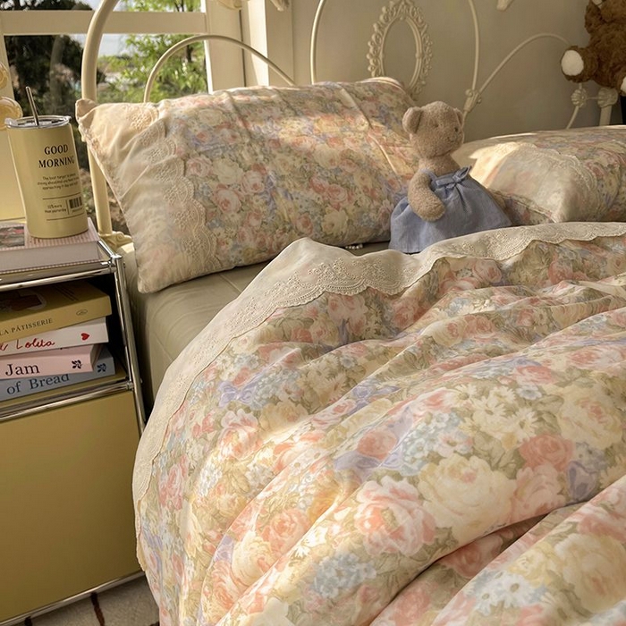 91家纺网 家纺一手货源 找家纺 （总）HL原创 2025法式花边油画风全棉双层纱四件套