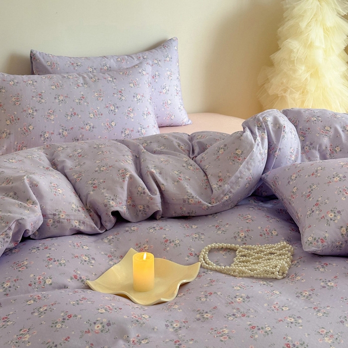 91家纺网 家纺一手货源 找家纺 塞纳 2026新款.全棉有氧双层纱四件套-场景一 汀花里-紫