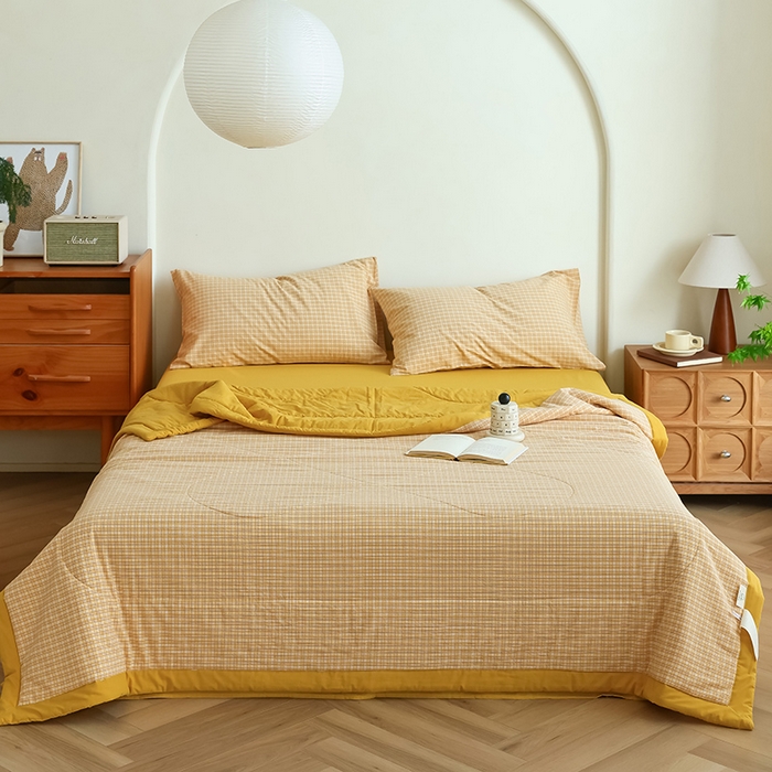 91家纺网 家纺一手货源 找家纺 雯雨家纺 2025新款A类无印风里外全棉纯棉水洗棉新疆棉花夏被夏凉被空调被 静初黄