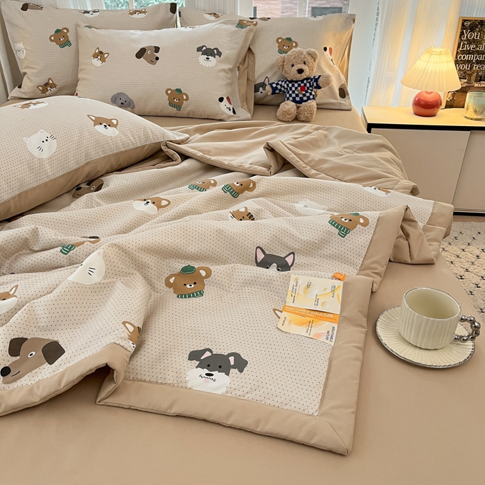 91家纺网 家纺一手货源 找家纺 一加一 2025新款A棉B水洗棉大豆夏被四件套 哈皮狗