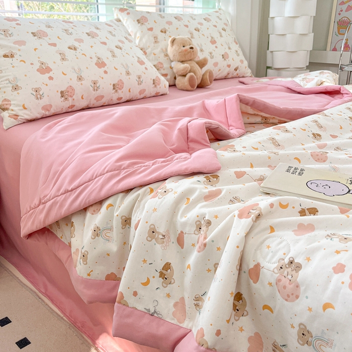 91家纺网 家纺一手货源 找家纺 一加一 2025新款A棉B水洗棉大豆夏被四件套 乖乖熊