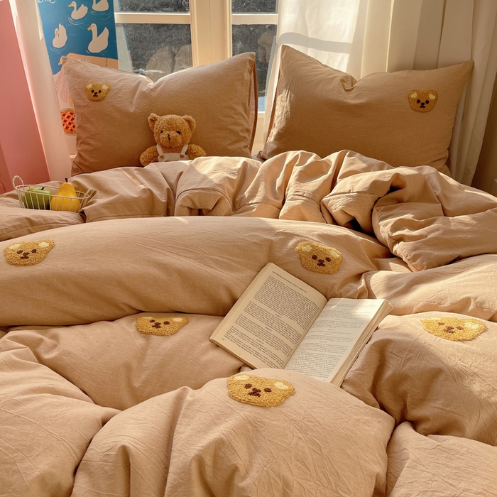 91家纺网 家纺一手货源 找家纺 慕尚家纺 2025新款春夏新款色织水洗棉毛巾绣四件套 嘟嘟熊 咖