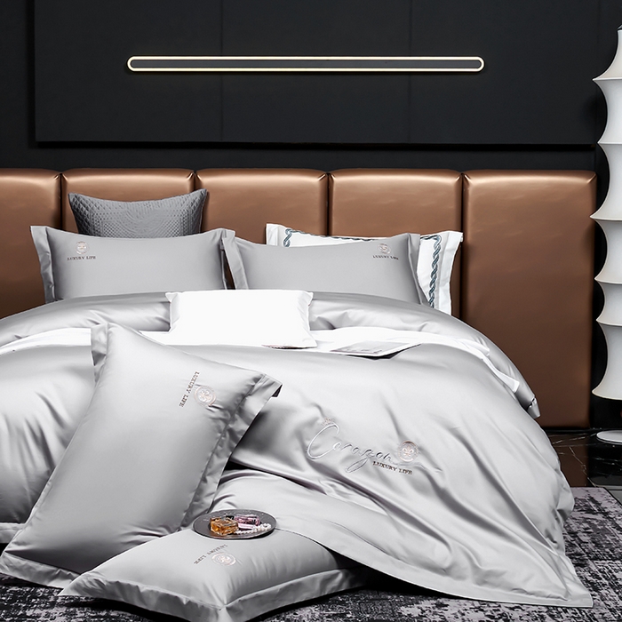 91家纺网 家纺一手货源 找家纺 U品汇 2025新款60s支贡缎长绒棉刺绣花四件套纯棉全棉100%棉礼盒包装 简凡-高级灰