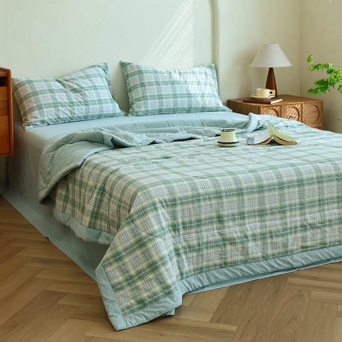 91家纺网 家纺一手货源 找家纺 雯雨家纺 2025新款A类无印风里外全棉纯棉水洗棉新疆棉花夏被夏凉被空调被 光年绿